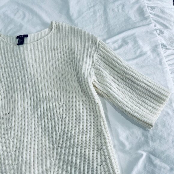 H&M Ivory/Cream Knit Pullover Sweater 3/4 Length Sleeves Loose Chunky Sweater - Picture 6 of 9